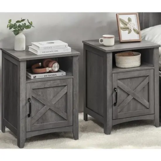 Farmhouse Nightstand with Barn Door,Bedside Table featuring Storage, Side End Table, Night Stand with Open Compartment Transform Your Bedroom image {1}