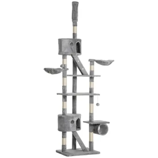 PawHut&nbsp;Floor to Ceiling Cat Tree,&nbsp;94.5"-102.5" Height Adjustable&nbsp;Cat Climbing Tower&nbsp;with Scratching Posts, Condos, Hammocks, Platforms, Dangling Balls image {3}