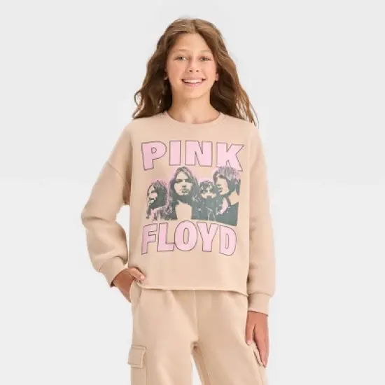 Girls' 'Pink Floyd' Fleece Cropped Crewneck Sweatshirt - art class&trade; Beige image {3}
