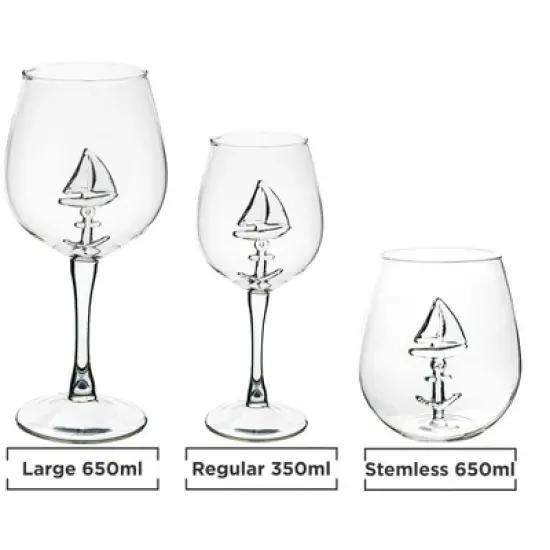 5 Star Super Deals Sail Boat Wine Glass w/ 3D Sailboat and Nautical Anchor Design - 2PC -  Unique Sea Themed Wine Stemware for Wine image {1}