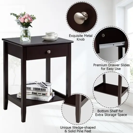Costway Nightstand End Table Storage Display Bedroom Furniture Drawer Shelf Beside White\Brown\Grey image {4}