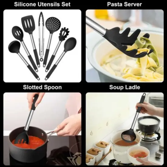 Itopfox 7-Piece Silicone Cooking Utensil Set with Stainless Steel Handles, Heat Resistant for Nonstick Cookware, Includes Ladle, Turner, Spoon\ image {2}