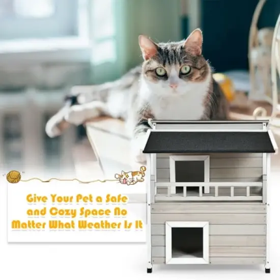 Costway 2-Story Wooden Patio Luxurious Cat Shelter House Condo w/ Large Balcony image {7}