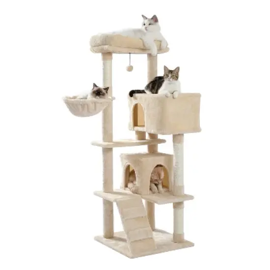 DOMETOUR Multi-Functional 56.2"H Cat Tree Cat Climbing Frame, Cat Tower with Scratching Post/2 Condos/Top Perch/Hammock/Ladder/Dangling Ball image {1}
