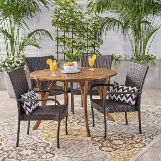 Collins 5pc Acacia Wood & Wicker Dining Set - Teak/Brown - Christopher Knight Home image {1}