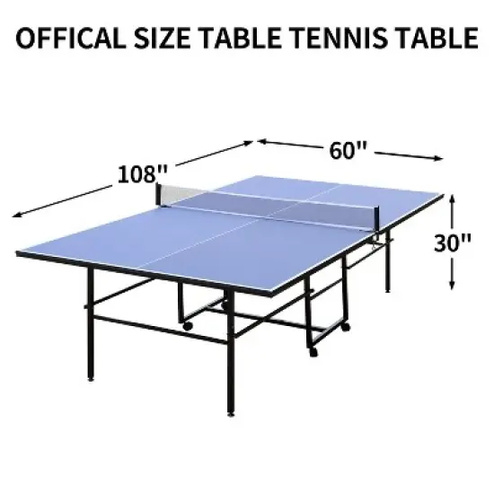 107.87"9ft Mid-Size Table Tennis Table Foldable & Portable Ping Pong Table Set for Indoor Games with Net, 2 Table Tennis Paddles,Blue image {8}