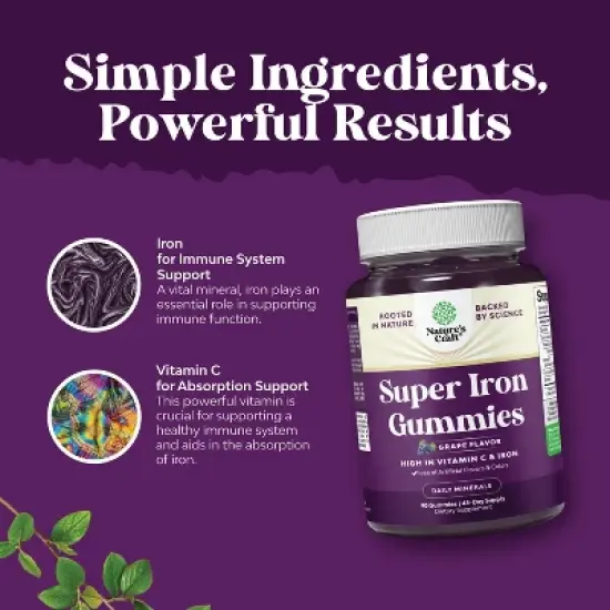 Super Iron Gummy, Chewable Iron Supplement for Women and Men with Vitamin C for Higher Absorption, Grape Flavor, Nature's Craft, 90ct image {3}