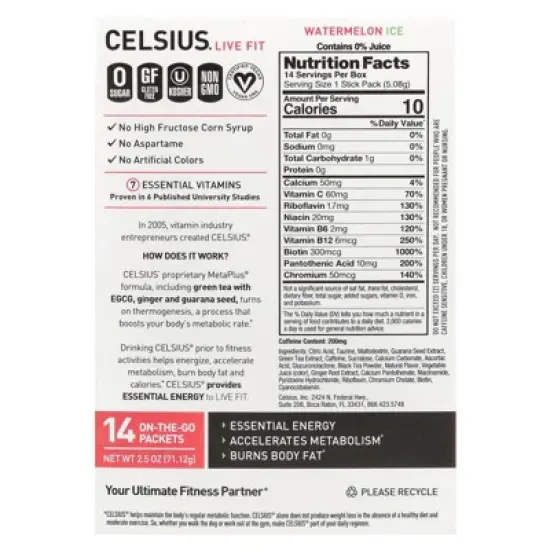 Celsius Live Fit, Watermelon Ice, 14 On-The-Go-Packets, 0.18 oz (5.08 g) Each image {1}