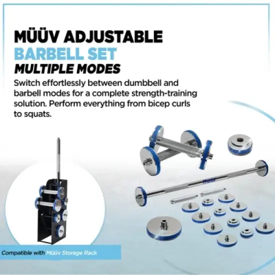 Stamina Products m&uuml;&uuml;v Adjustable Barbell Set, 2-in-1 Dumbbell System for Home Gyms with Plates and Handles, Compact Strength Straining Equipment image {1}