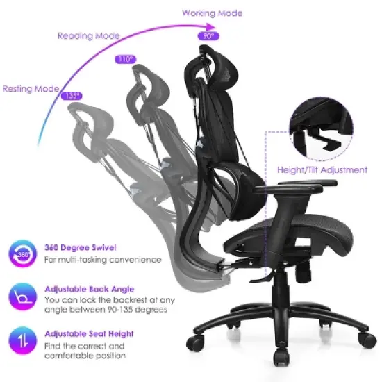 Mesh Office Chair Recliner High Back Adjustable with Headrest & Lumbar Support image {5}