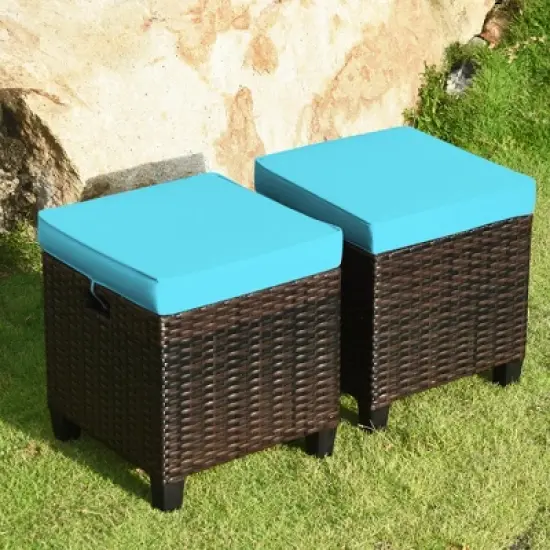 Tangkula Set of 2 Patio Rattan Ottoman Footrest Garden Outdoor w/ Brown/Turquoise/Navy Cushion image {13}
