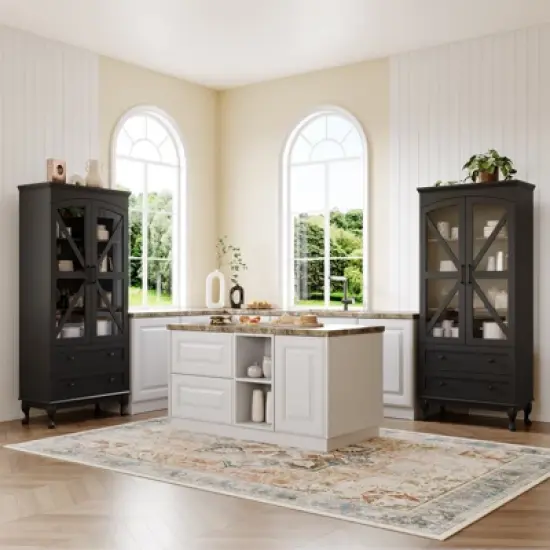 72" Tall Kitchen Pantry Cabinet, Farmhouse Storage Cabinet with Glass Doors, Organizer, Adjustable Shelves,Wood China Cabinet, Display Cabinet image {5}