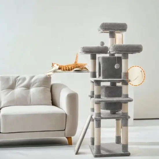 Feandrea 67"H Cat Tree Cat Tower for Indoor Cats, Plush Multi-Level Cat Condo with Scratching Posts, Light Gray image {4}