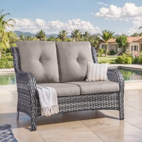 Buenhomino Outdoor Patio Couch Wicker Sofa Loveseat- 2 Seater Rattan Sofa for Outside Patio Garden with Deep Seating and Olefin Cushions image {13}