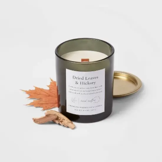 Clear Colored Glass with Woodwick and Brass Metal Inset Lid Dried Leaves + Hickory Candle Green - Threshold&trade; image {2}