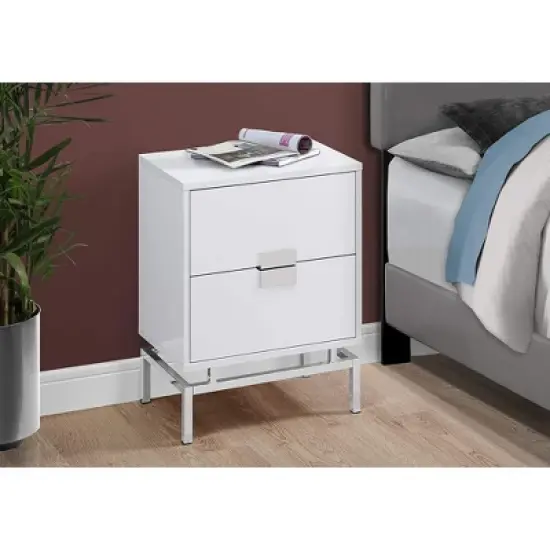 Monarch Specialties 24 Inch Modern Rectangular Accent Side Table with 2 Pull Out Drawers for Bedrooms and Living Rooms, Glossy White and Chrome image {2}
