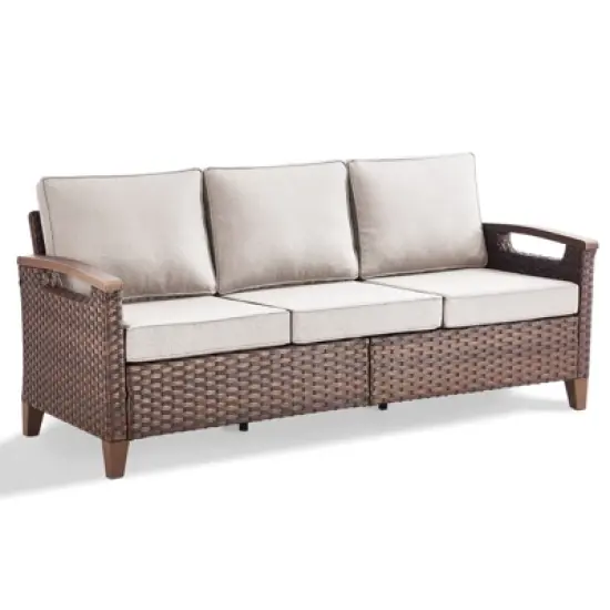 Belord Outdoor Sofa Patio Couch, All Weather Brown Wicker 3-Seater Outdoor Furniture Sofa with Dark Brown Hand-Brushed Arms & Comfort 4" Cushion image {9}