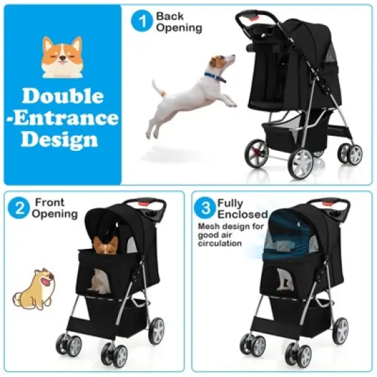 Costway Folding Pet Stroller 4-Wheel Pet Travel Carrier w/Storage Basket image {3}