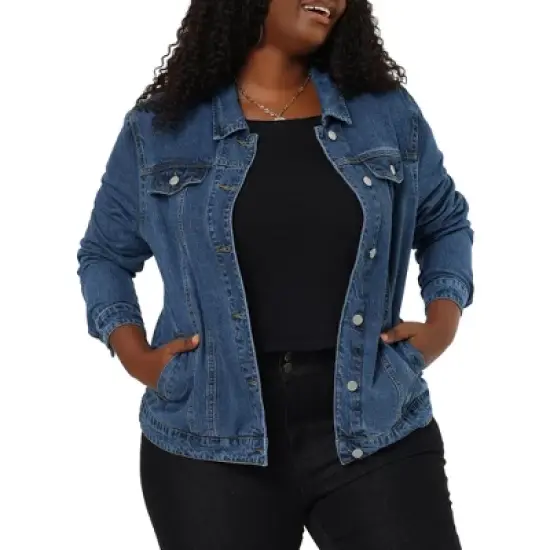 Agnes Orinda Women's Plus Size Outerwear Button Front Washed Denim Jean Jacket image {9}