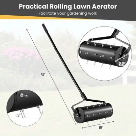 Costway 18" Manual Lawn Aerator Heavy Duty Rolling Push Grass Filled with Sand or Stone Aeration Tool with Handle Green/Black image {2}