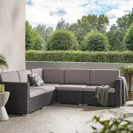 Christopher Knight Home Santa Rosa Outdoor Wicker 5 Seater V-Shaped Sectional Sofa Set with Cushions image {11}