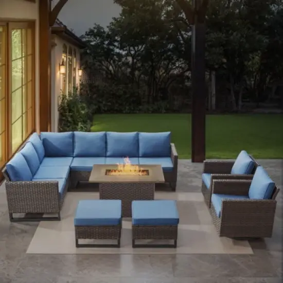 POCASSY 8 Piece Outdoor Sectional Patio Furniture Set, All Weather Brown Wicker Outdoor Furniture Set with Swivel Chair and 41" Propane Fire Pit image {16}