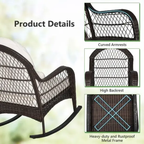Tangkula Patio Wicker Rocking Chair w/ White Seat Cushions & Lumbar Pillow Porch image {2}