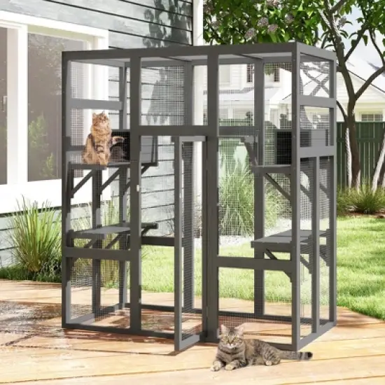 Sandinrayli 70Inches Large Stable Spacious Wooden Catio Outdoor Cat Enclosure with Perches and Condos image {5}