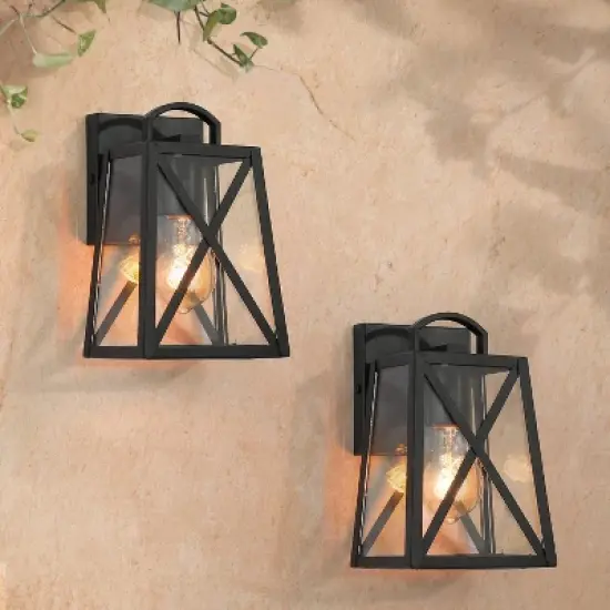 2pk 9" Metal/Glass Square Outdoor Wall Lights Matte Black - LNC image {1}