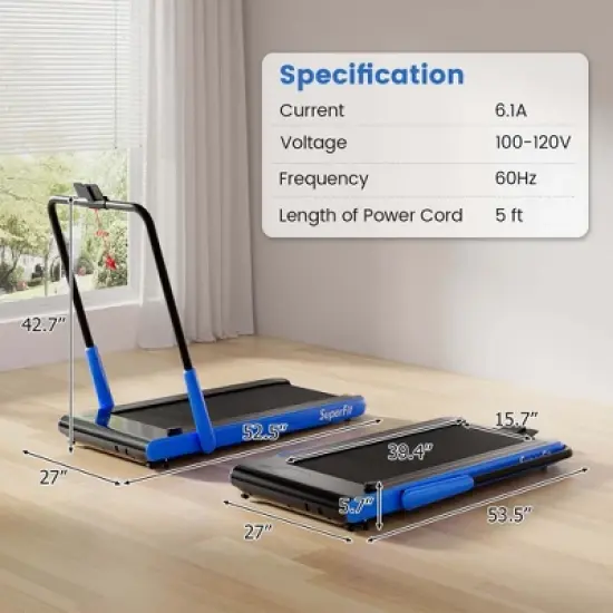 Superfit 3-in-1 Folding Treadmill with Smart Apps Remote Control LED Display and Speakers Blue/Silver image {2}