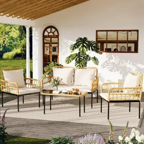 4-Piece Outdoor Patio Furniture Set, All-Weather PE Rattan Wicker Loveseat & Chairs with Glass Coffee Table & Steel Frame, Boho Conversation Set image {5}