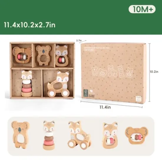 Freniland&trade; - Wooden Baby Rattle & Stacking Toy Set, Forest Friends 5 PCS Beechwood Infant Sensory Toys,Fox & Koala Grasping Combo in Pink for 10M+ image {4}