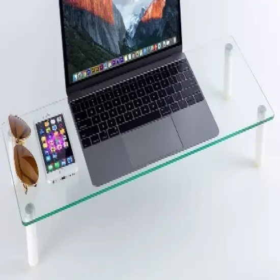 Mount-It! Glass Desktop Monitor Stand Riser | Raised Laptop Stand Organizer | 22 Inches Wide Clear Tempered Glass | Supports up to 44 Pounds image {3}