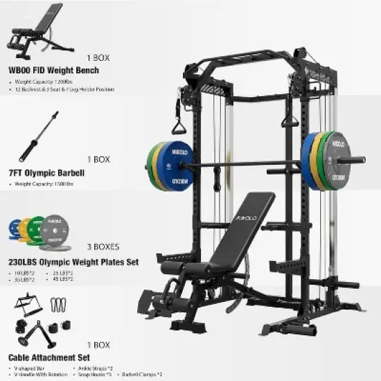ER KANG Power Cage, 2000LB Squat Rack, Dual Pulley Cable Crossover System, Multi-function Free Weight Home Gym Workout Machine with Attachments image {9}