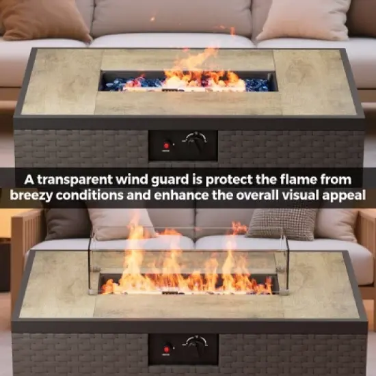 Evita 31.5" Rectangle Outdoor Fire Pit Table with 40,000 BTU Output with Windshield, Glass Stones, Waterproof Cover image {5}
