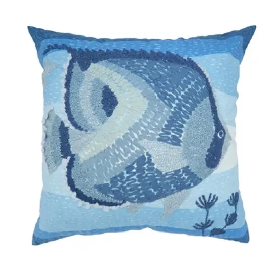 Saro Lifestyle Outdoor Embroidered Fish Poly Filled Pillow, 20"x20", Blue image {4}