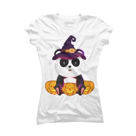 Junior's Design By Humans Cute Panda Mock up Witch With Jack O Lantern Halloween T-Shirt By thebeardstudio T-Shirt image {4}