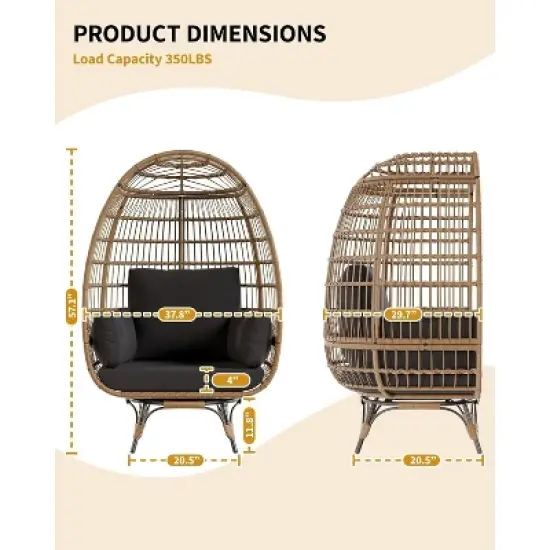 Outdoor Wicker Egg Chair Rattan Chair with Cushion, 360&deg;Swivel Oversized Patio Lounge Chair Steel Frame & Thick Cushions, Black image {2}