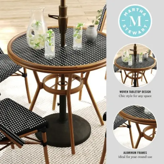 Martha Stewart Lily Pond 31" Round Indoor-Outdoor Bistro Dining Table with Woodgrain Aluminum Finish Frame and Woven Rattan Tabletop image {2}