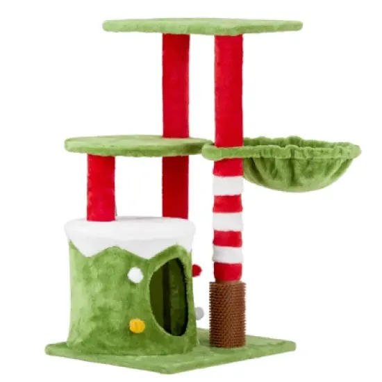 phiestina 32in Cat Scratching Posts Tower, Christmas Themed Plush Cat Tree with Hammock, Cat Massage Brush, Activity Center for Indoor Cats image {11}