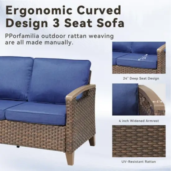 Buenhomino 74'' Patio Sofa, All Weather Outdoor Rattan Wicker 3-Seat Sofa High Back Couch with Premium Cushions for Garden Backyard Porch,Brown/Blue image {1}