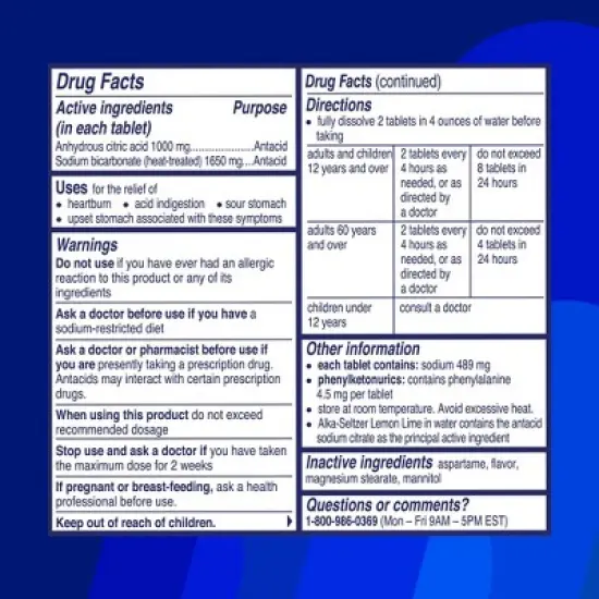 Alka-Seltzer Lemon Lime Heartburn Relief tablets, Fast Acid Indigestion Relief - 36ct image {6}