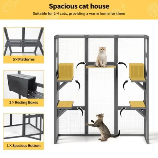 Sandinrayli 70Inches Large Stable Spacious Wooden Catio Outdoor Cat Enclosure with Perches and Condos image {3}
