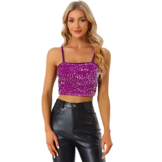 Allegra K Women's Velvet Spaghetti Strap Club Party Crop Sequined Cami Top image {17}