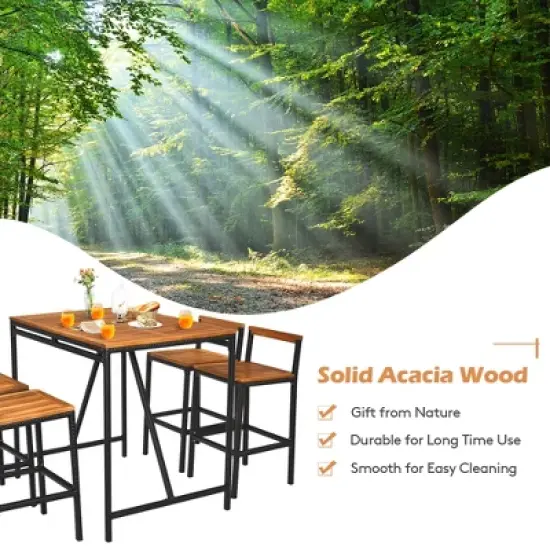 Costway 5PCS Patio Rattan Bar Table Stool Set Acacia Wood Top W/Umbrella Hole image {6}