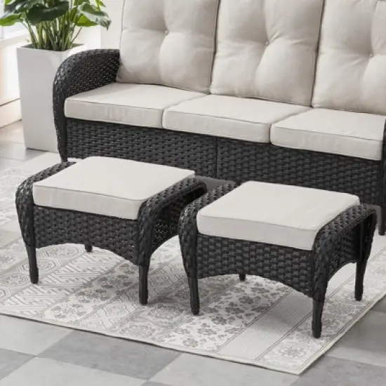 POCASSY Outdoor Ottomans Set of 2 with Cushion, Black Wicker Patio Footrest with All Weather Wicker Rattan and Beige Cushion image {7}