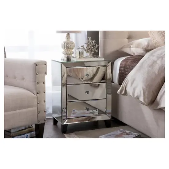 Chevron Modern And Contemporary Hollywood Regency Glamour Style Mirrored 3 - Drawers Nightstand Bedside Table - Baxton Studio image {3}