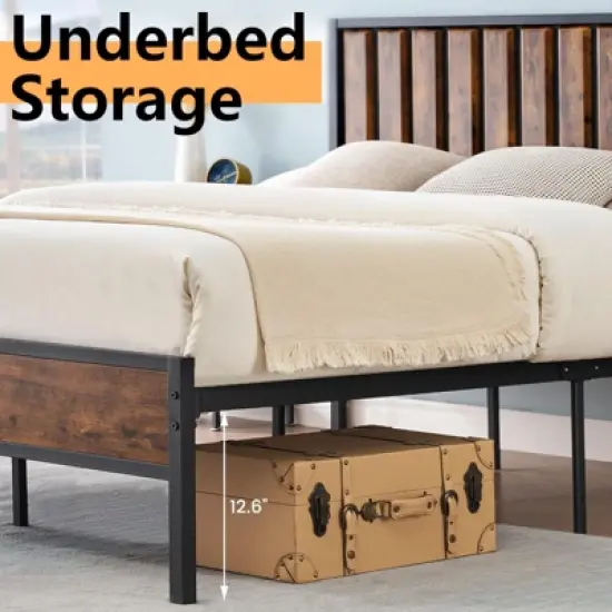 Bed Frame with Headboard Footboard Rustic Wood Farmhouse Platform Metal Wrought Rod Slat Bedframe, No Box Spring Needed, Easy Assembly image {4}