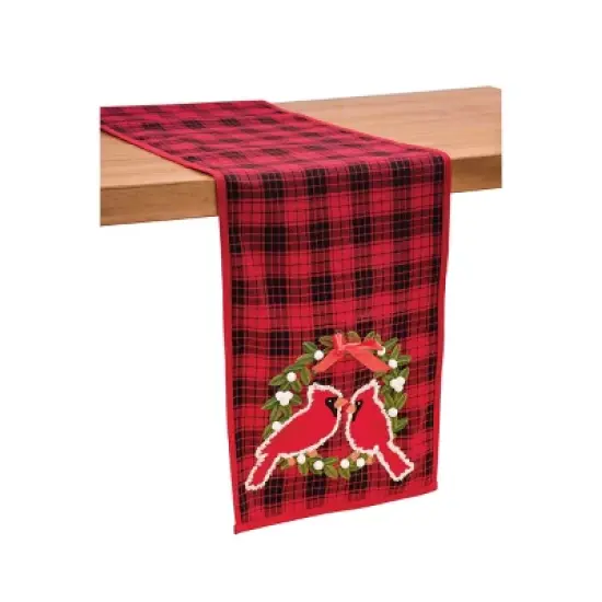 C&F Home Christmas Holiday Red Cardinal w/ Wreath Red & Black Plaid Cotton Table Runner 13" x 72" image {1}