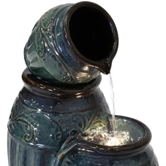 Sunnydaze 27"H Electric Ceramic Dark Turquoise Tour de Vase Outdoor Water Fountain with LED Lights image {4}